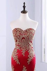 Sweetheart Mermaid Red Prom Dress Gold Appliqued Long Evening Dress