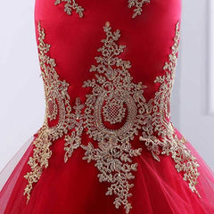 Sweetheart Mermaid Red Prom Dress Gold Appliqued Long Evening Dress