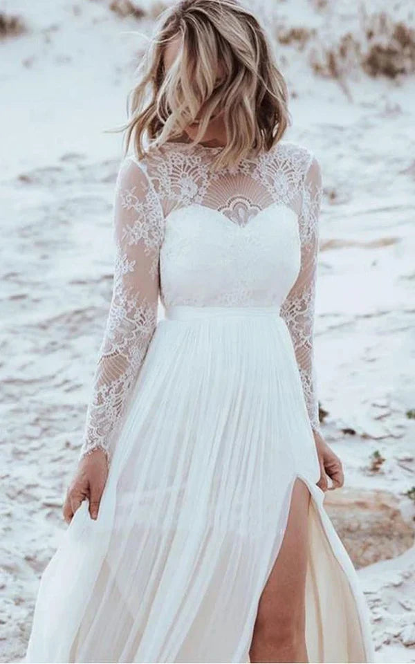 Lace Bateau A Line Tulle Floor-length Wedding Dress with Split Front and Pleats