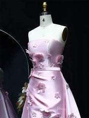 Floral Pink Mermaid Prom Dresses Overskirt Satin Wedding Dresses, Corset Back, Strapless BD060