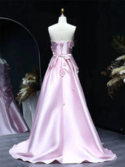 Floral Pink Mermaid Prom Dresses Overskirt Satin Wedding Dresses, Corset Back, Strapless BD060