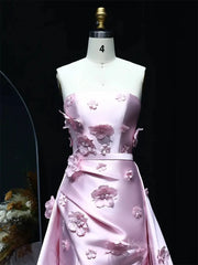 Floral Pink Mermaid Prom Dresses Overskirt Satin Wedding Dresses, Corset Back, Strapless BD060