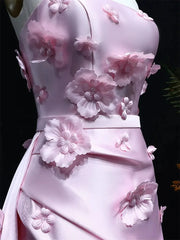 Floral Pink Mermaid Prom Dresses Overskirt Satin Wedding Dresses, Corset Back, Strapless BD060