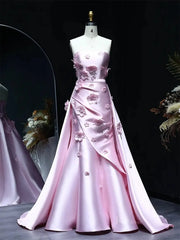 Floral Pink Mermaid Prom Dresses Overskirt Satin Wedding Dresses, Corset Back, Strapless BD060