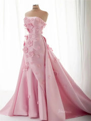 Floral Pink Mermaid Prom Dresses Overskirt Satin Wedding Dresses, Corset Back, Strapless BD060
