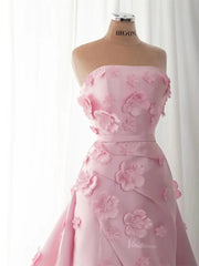 Floral Pink Mermaid Prom Dresses Overskirt Satin Wedding Dresses, Corset Back, Strapless BD060