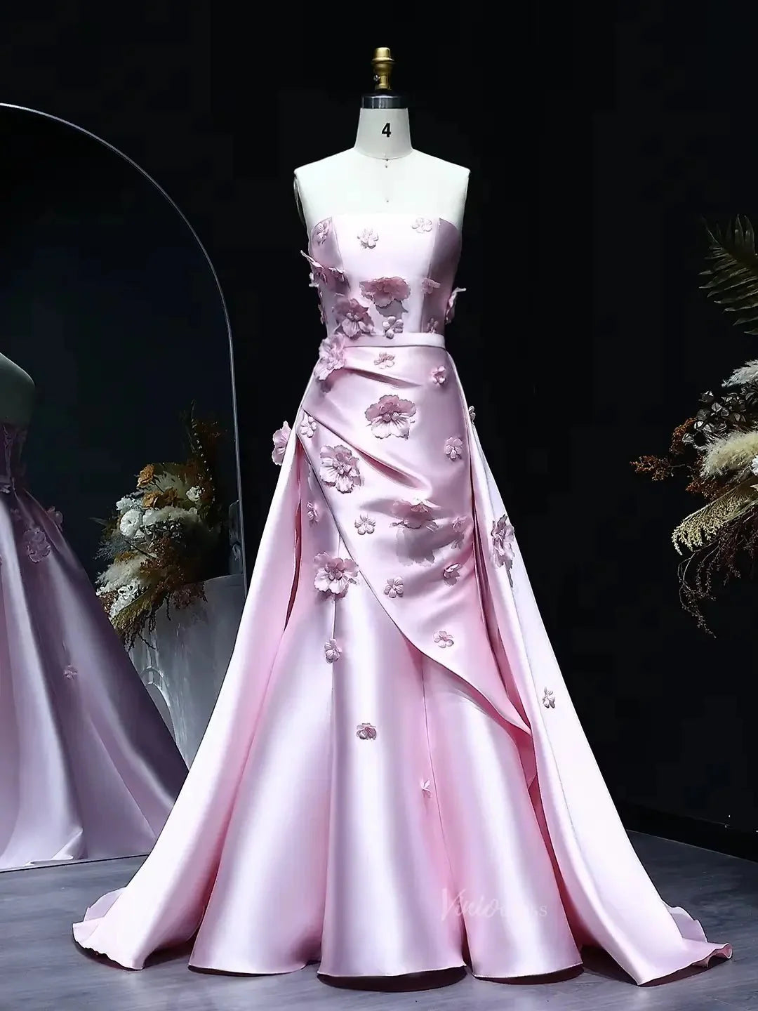 Floral Pink Mermaid Prom Dresses Overskirt Satin Wedding Dresses, Corset Back, Strapless BD060