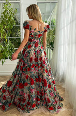 Floral Print Prom Dresses with Pockets Puffed Sleeve Rosette Formal Gown TO012
