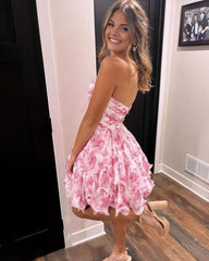 Cute Floral Print Short Birthday Gown Open Backs Cocktail Dresses
