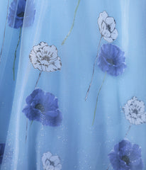 Floral Tulle Long Prom Dress, Blue Short Sleeve Evening Dress