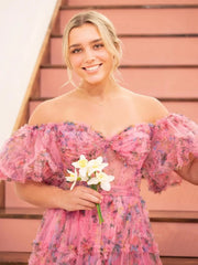 Floral Tulle Ruffled Prom Dresses 2025 Off the Shoulder Puffed Sleeve Formal Gown - FD5300