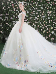 Flowers Quinceanera Dresses White Luxury Off The Shoulder Rhinestones Beading Short Sleeve Women'S Pageant Dresses With Train