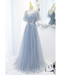 Sweet and elegant sky blue beaded short sleeved sheer ball dress with sky blue A-shaped backless strap and ground length prom dress