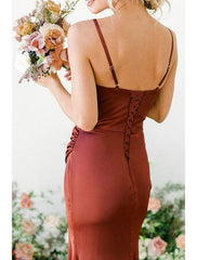 Mermaid / Trumpet Bridesmaid Dress V-Neck Cowl Spaghetti Strap Sleeveless Vintage Floor Length Imitated Silk with Pleats / Split Front