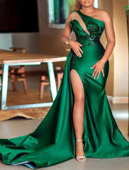 Mermaid Red Green Dress Plus Size Curve Formal Dresses Plus Size Dress Formal Wedding Guest Court Train Sleeveless One Shoulder Charmeuse with Sequin Slit