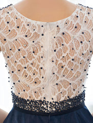 A-Line Elegant Beaded Sequin Prom Formal Evening Dress Sleeveless Floor Length Tulle Over Lace Beading