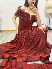 A-Line Evening Gown Sparkle & Shine Dress Formal Fall Court Train Sleeveless Off Shoulder Sequined with Sequin Slit