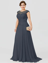 A-Line Mother of the Bride Dress Wedding Guest Elegant Plus Size Illusion Neck Sweep / Brush Train Chiffon Beaded Lace Short Sleeve No with Bow(s) Pleats