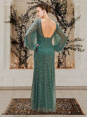 Sheath / Column Mother of the Bride Dress Elegant Sparkle & Shine V Neck Floor Length Lace Sequined Long Sleeve with Beading Sequin