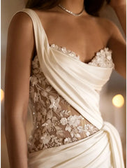 Wholesale Hall Mature Wedding Dresses A-Line One Shoulder Sleeveless Court Train Satin Bridal Gowns With Pleats Appliques
