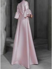 A-Line Prom Dresses Elegant Dress Wedding Guest Prom Floor Length Long Sleeve High Neck Satin with Sash / Ribbon Buttons Ruffles