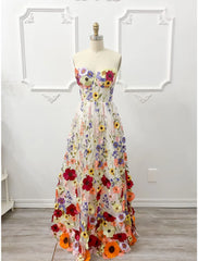 Wholesa A-Line Evening Gown Corsets Dress Formal Wedding Guest Floor Length Sleeveless Strapless Bridesmaid Dress Lace Backless with Embroidery Appliques
