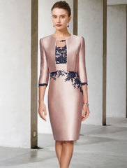 Aimishang Two Piece Sheath / Column Mother of the Bride Dress Wedding Guest Church Elegant Jewel Neck Knee Length Satin Lace 3/4 Length Sleeve Short Jacket Dresses with Appliques Color Block