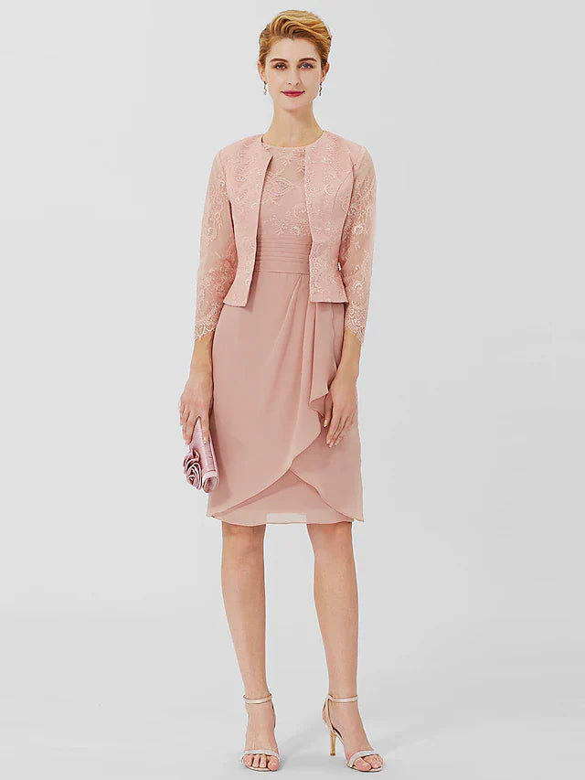 Sheath / Column Mother of the Bride Dress Formal Classic & Timeless Elegant & Luxurious Convertible Dress Jewel Neck Knee Length Chiffon Sheer Lace 3/4 Length Sleeve with Sash / Ribbon