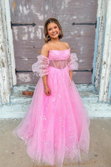 A Line Sparkly Blue Tulle Long Sweetheart Prom Dresses