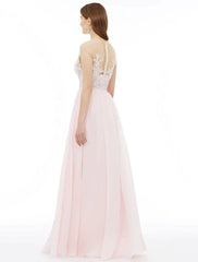 A-Line Bridesmaid Dress Sleeveless Floor Length Chiffon Floral Lace Sash Ribbon Appliques