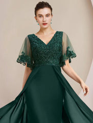 Aimishang  Sheath / Column Mother of the Bride Dress Formal Wedding Guest Elegant V Neck Floor Length Chiffon Lace Tulle Short Sleeve with Sequin Appliques