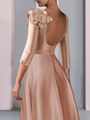 A-Line Mother of the Bride Dress Formal Wedding Guest Party Elegant V Neck Tea Length Satin Lace Half Sleeve with Flower Beautiful