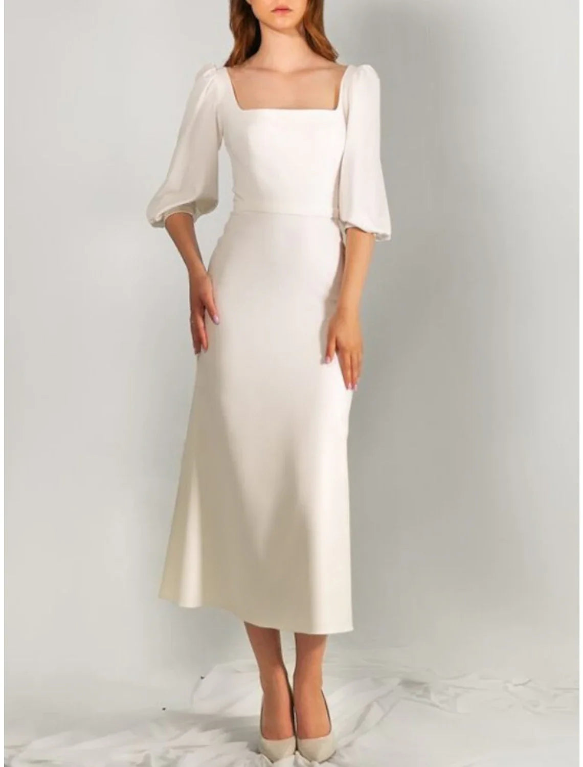 Wholesale Little White Dresses Wedding Dresses A-Line Square Neck Half Sleeve Tea Length Satin Bridal Gowns With Solid Color