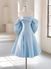 Simple A-Line Satin Blue Short Prom Dress, Blue Homecoming Dress