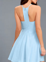 A Line Open Back Short Sky Blue Prom Dresses, Backless Short Blue Formal Dresses, Light Blue Graduation Homecoming Dresses