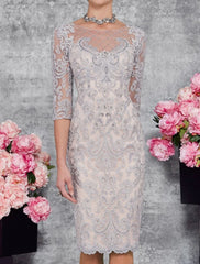 Two Piece Sheath / Column Mother of the Bride Dress Wedding Guest Church Elegant Illusion Neck Knee Length Lace 3/4 Length Sleeve Jacket Dresses with Embroidery