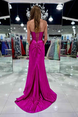 Red Strapless Ruched Mermaid Long Formal Dress with Slit