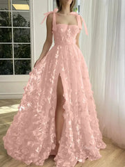 Fuchsia Lace Prom Dresses with Slit Spaghetti Strap Pockets 3D Flower Formal Dresses TO017