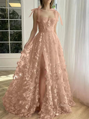 Fuchsia Lace Prom Dresses with Slit Spaghetti Strap Pockets 3D Flower Formal Dresses TO017