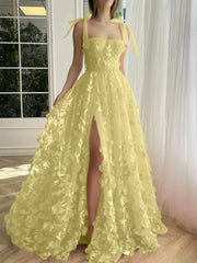 Fuchsia Lace Prom Dresses with Slit Spaghetti Strap Pockets 3D Flower Formal Dresses TO017