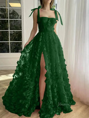 Fuchsia Lace Prom Dresses with Slit Spaghetti Strap Pockets 3D Flower Formal Dresses TO017