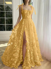 Fuchsia Lace Prom Dresses with Slit Spaghetti Strap Pockets 3D Flower Formal Dresses TO017