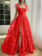 Fuchsia Lace Prom Dresses with Slit Spaghetti Strap Pockets 3D Flower Formal Dresses TO017