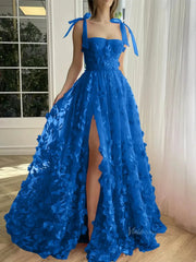 Fuchsia Lace Prom Dresses with Slit Spaghetti Strap Pockets 3D Flower Formal Dresses TO017
