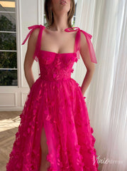 Fuchsia Lace Prom Dresses with Slit Spaghetti Strap Pockets 3D Flower Formal Dresses TO017