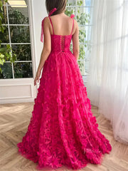 Fuchsia Lace Prom Dresses with Slit Spaghetti Strap Pockets 3D Flower Formal Dresses TO017