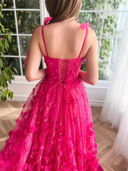 Fuchsia Lace Prom Dresses with Slit Spaghetti Strap Pockets 3D Flower Formal Dresses TO017