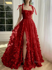 Fuchsia Lace Prom Dresses with Slit Spaghetti Strap Pockets 3D Flower Formal Dresses TO017