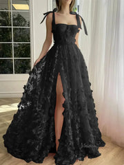 Fuchsia Lace Prom Dresses with Slit Spaghetti Strap Pockets 3D Flower Formal Dresses TO017