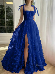 Fuchsia Lace Prom Dresses with Slit Spaghetti Strap Pockets 3D Flower Formal Dresses TO017